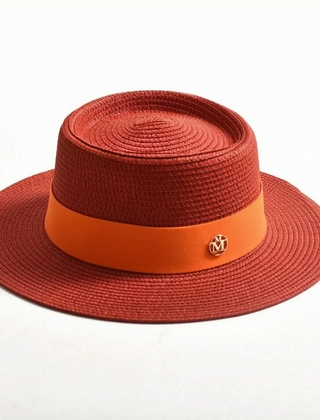 Red flat-top woven sun hat