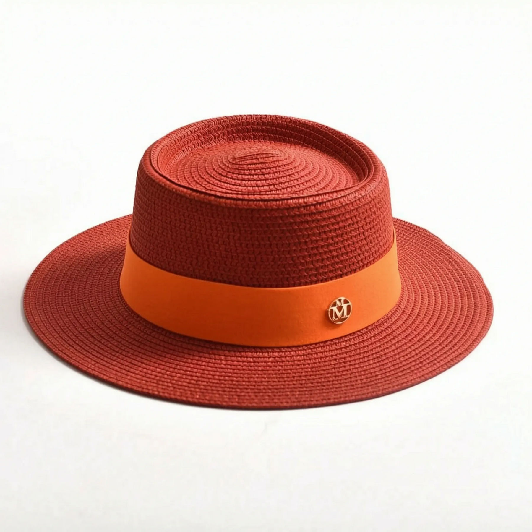 Red flat-top woven sun hat