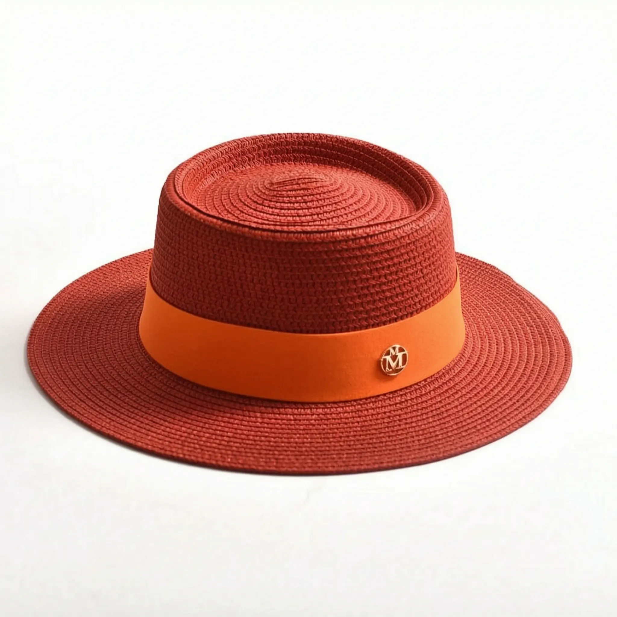 Red flat-top woven sun hat