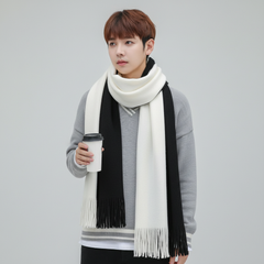 Black and White fringed color-block knit scarf