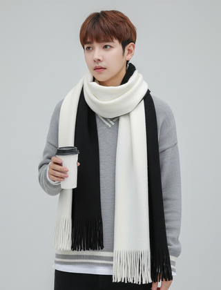 Black and White fringed color-block knit scarf