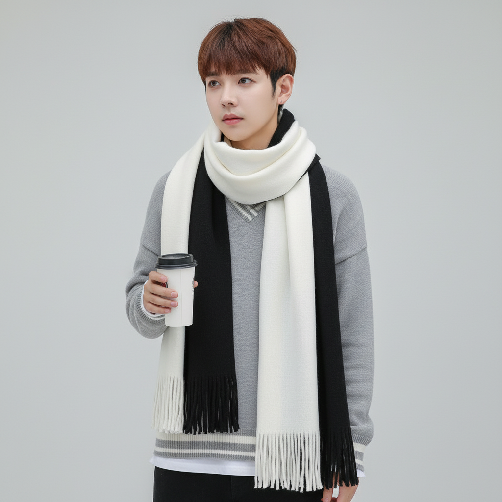 Black and White fringed color-block knit scarf