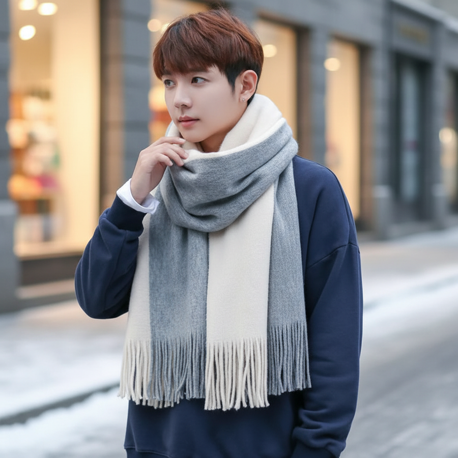 Beige and Gray fringed color-block knit scarf worn outdoors