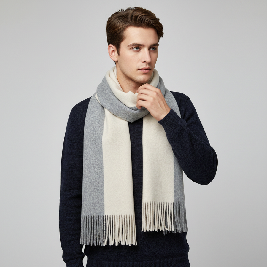 Beige and Gray fringed knit scarf worn over a dark top