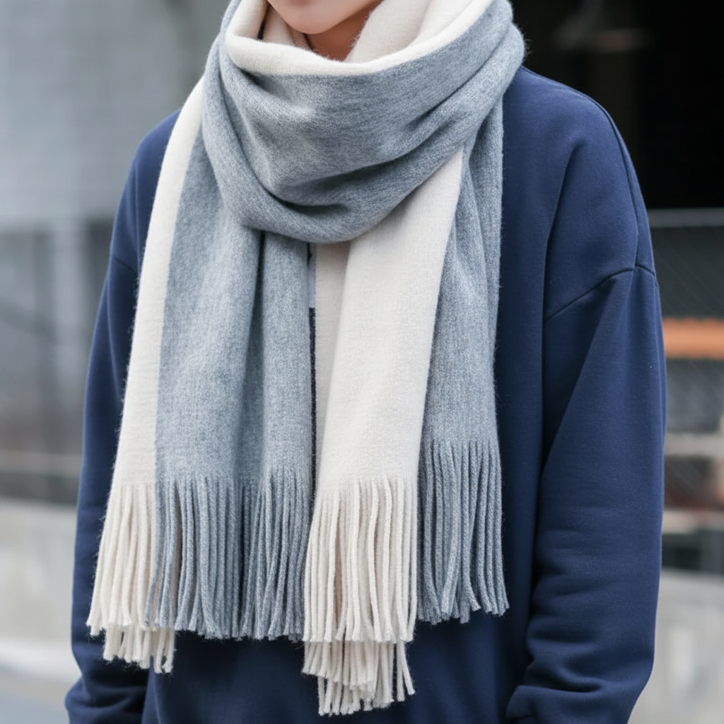 Close view of the Beige and Gray color-block scarf