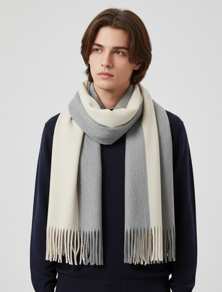Beige and Gray fringed color-block knit scarf