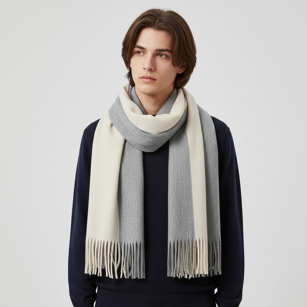 Beige and Gray fringed color-block knit scarf
