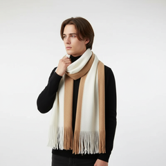 Beige and Khaki fringed color-block knit scarf