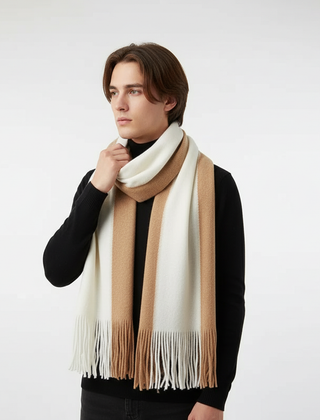 Beige and Khaki fringed color-block knit scarf