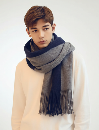 Blue-Gray fringed color-block knit scarf
