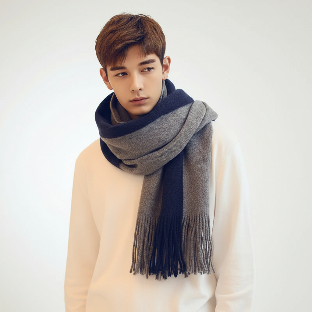 Blue-Gray fringed color-block knit scarf