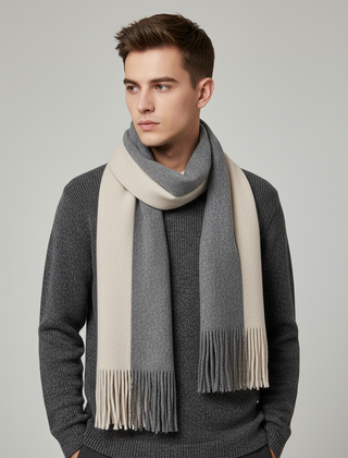 Gray and White fringed color-block knit scarf