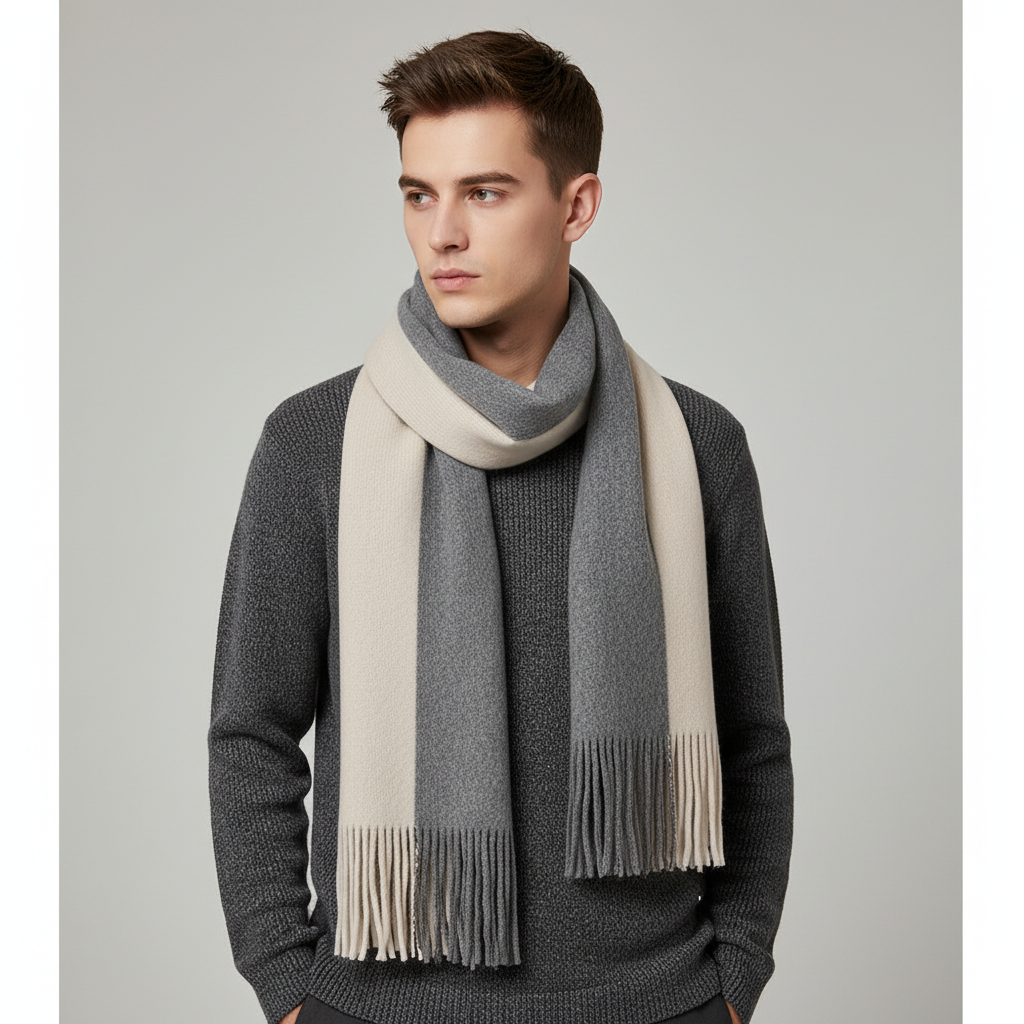 Gray and White fringed color-block knit scarf