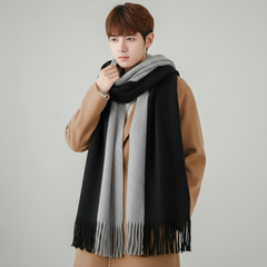 Black and Gray fringed color-block knit scarf