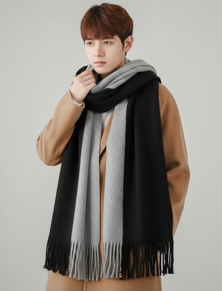 Black and Gray fringed color-block knit scarf