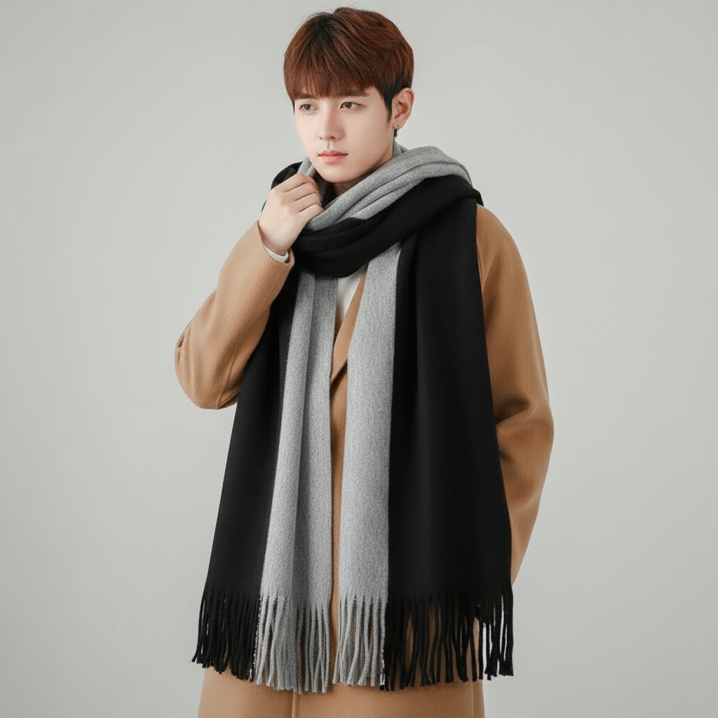 Black and Gray fringed color-block knit scarf