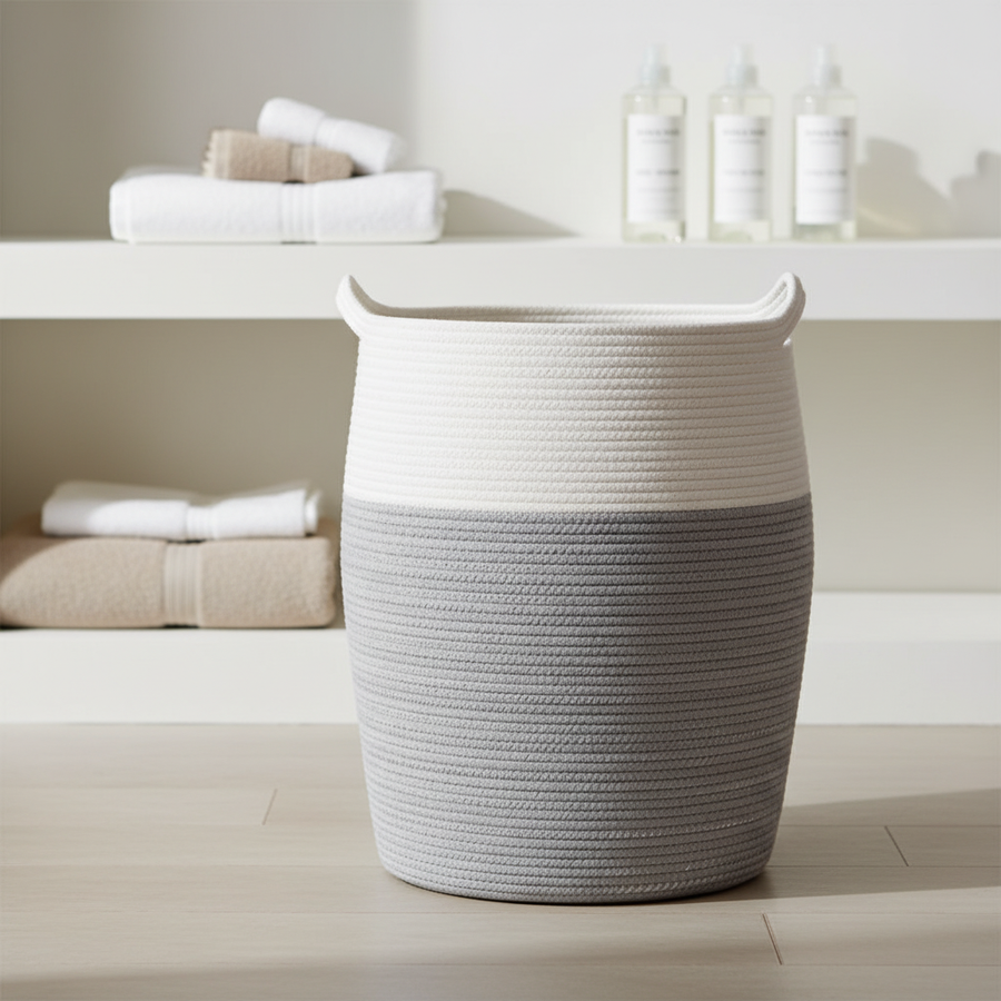 Gray woven storage basket with integrated handles