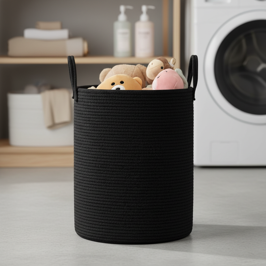 Black cotton rope storage basket in a laundry room