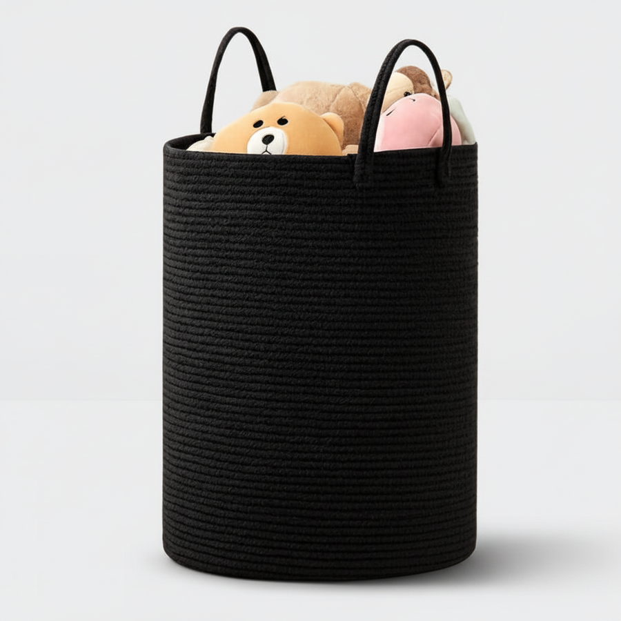 Black cotton rope basket holding soft toys