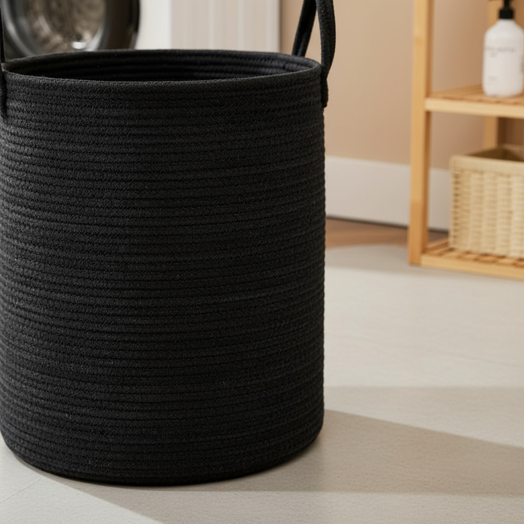 Close view of a black cotton rope storage basket