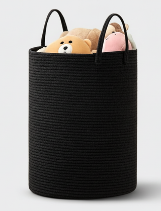Black cotton rope storage basket with handles