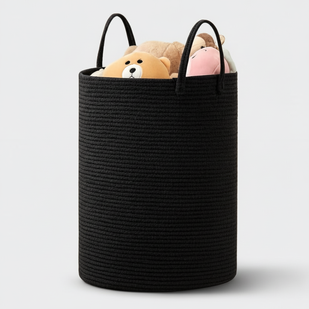 Black cotton rope storage basket with handles