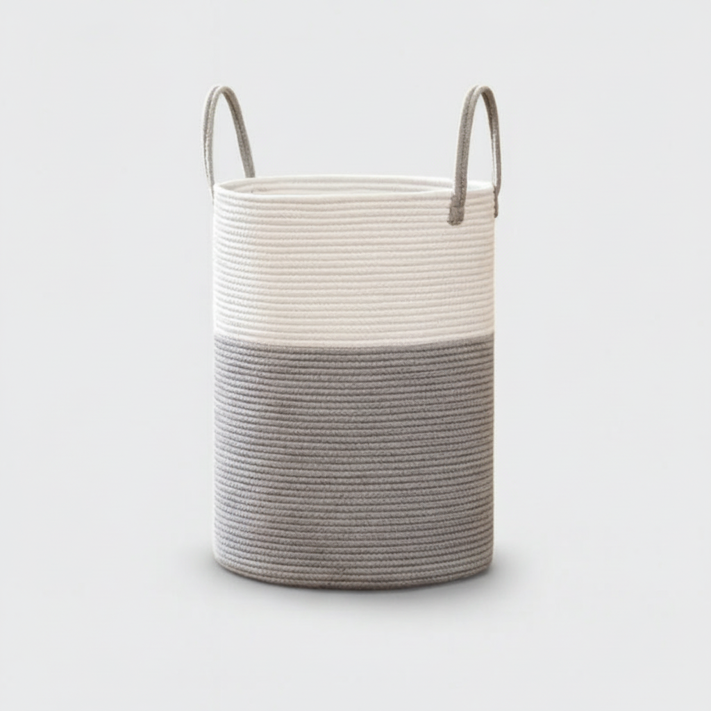 Gray cotton rope storage basket with handles