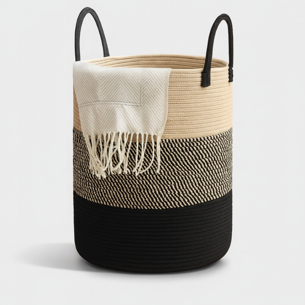 Multicolor cotton rope storage basket with handles