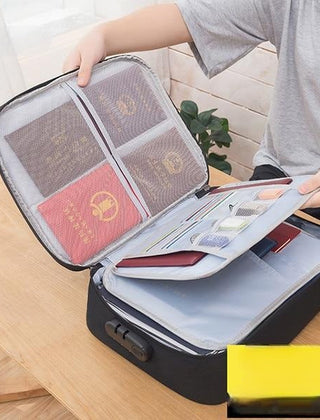 Black document storage case with fixed three-layer organizer
