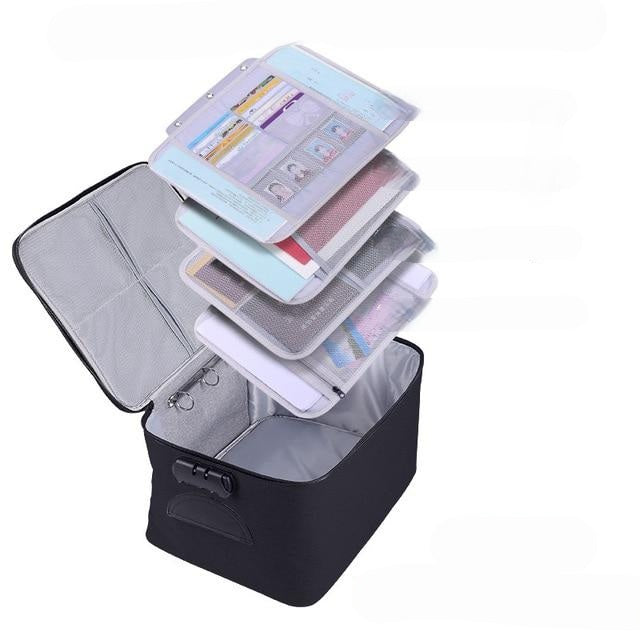 Black document storage case with removable organizer layers