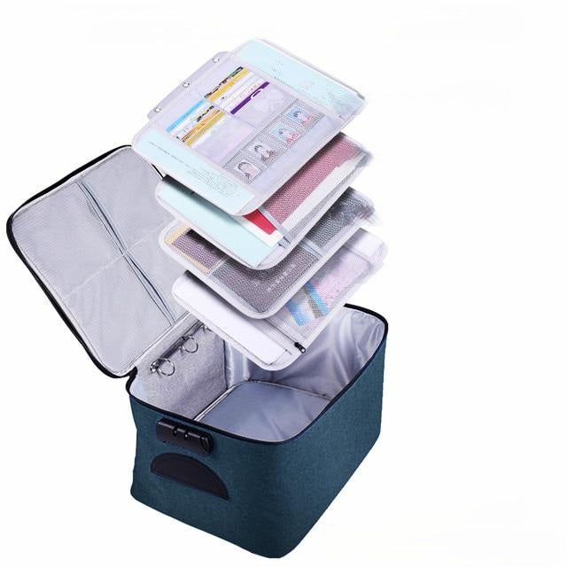 Navy document storage case with removable organizer layers