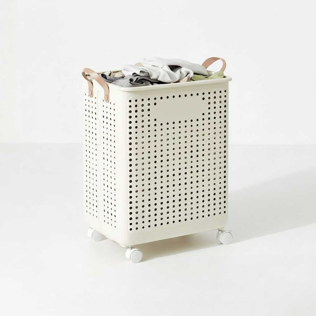Cream collapsible laundry basket on wheels