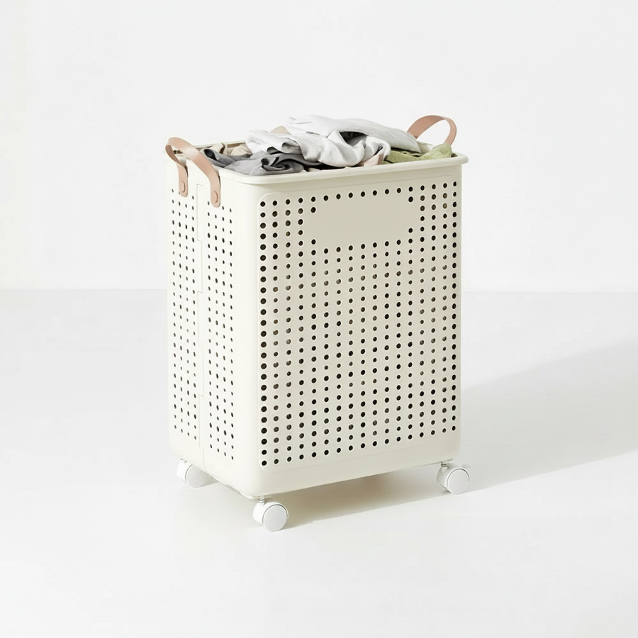 Cream collapsible laundry basket on wheels