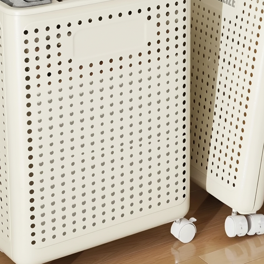 Perforated sides and wheels on the laundry basket