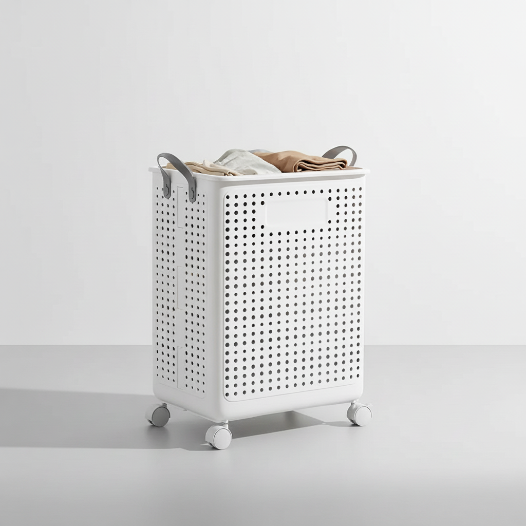 White Large wheeled laundry basket