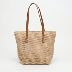 Front view of the Beige woven tote bag
