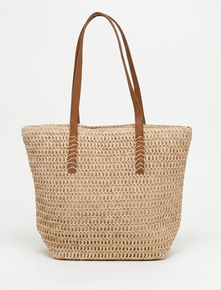 Front view of the Beige woven tote bag