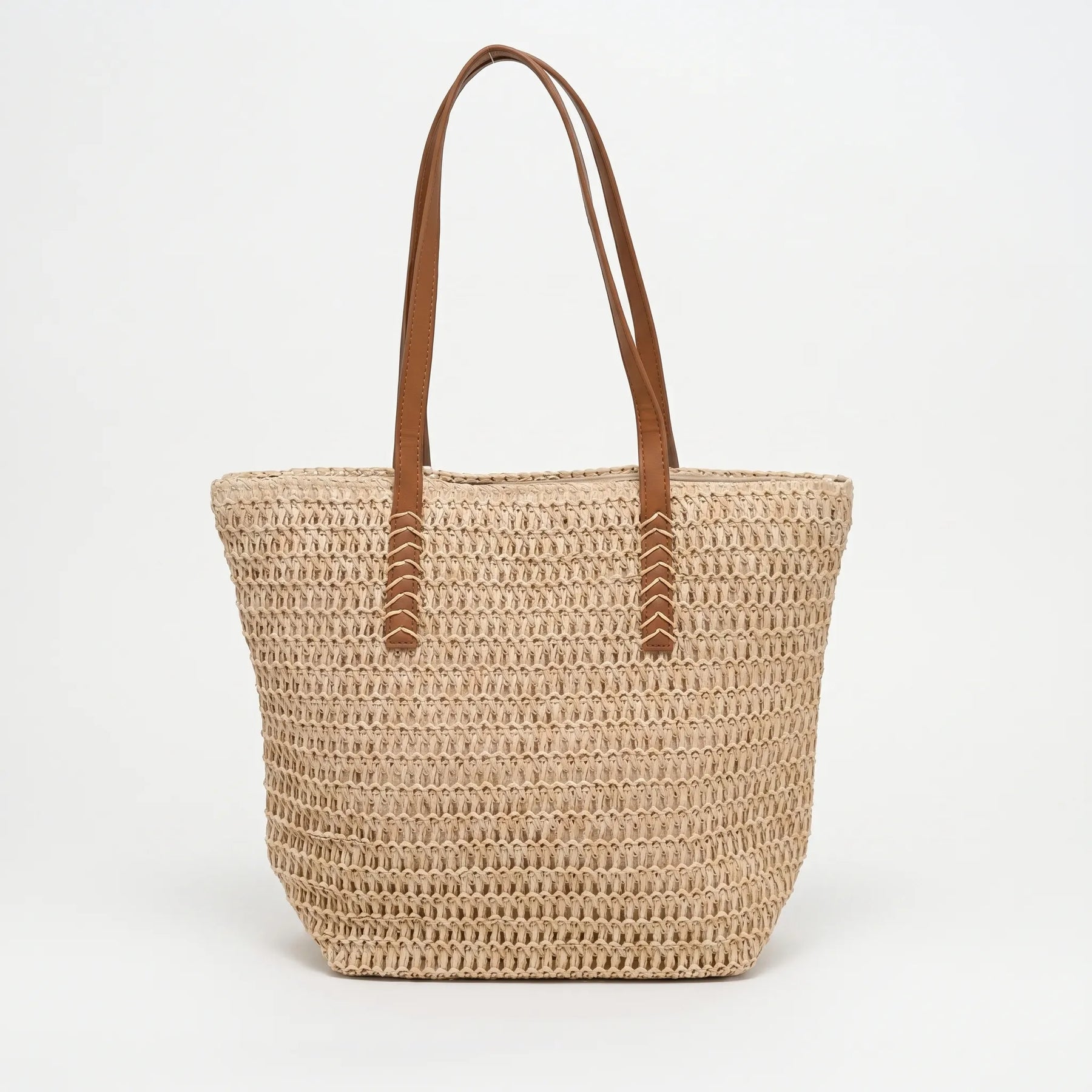 Front view of the Beige woven tote bag