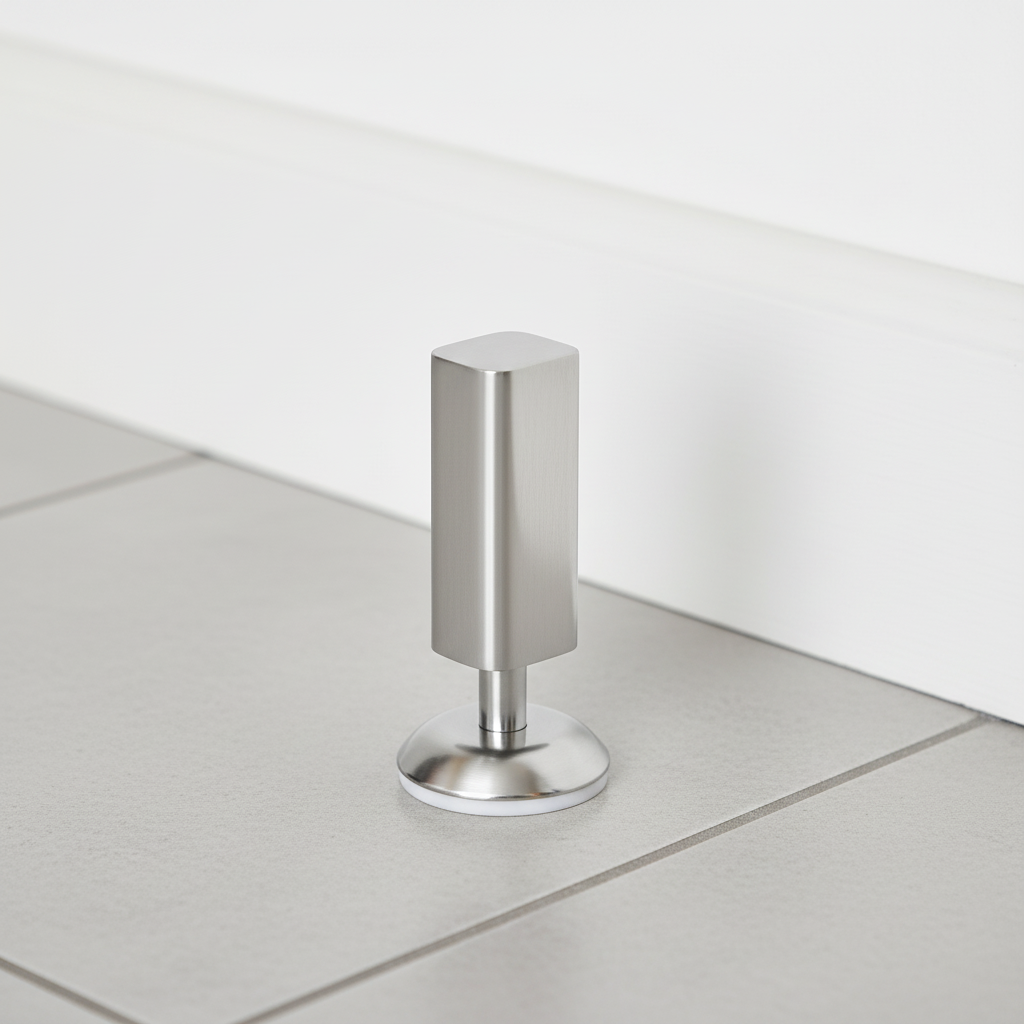 Silver magnetic floor door stop beside an open door