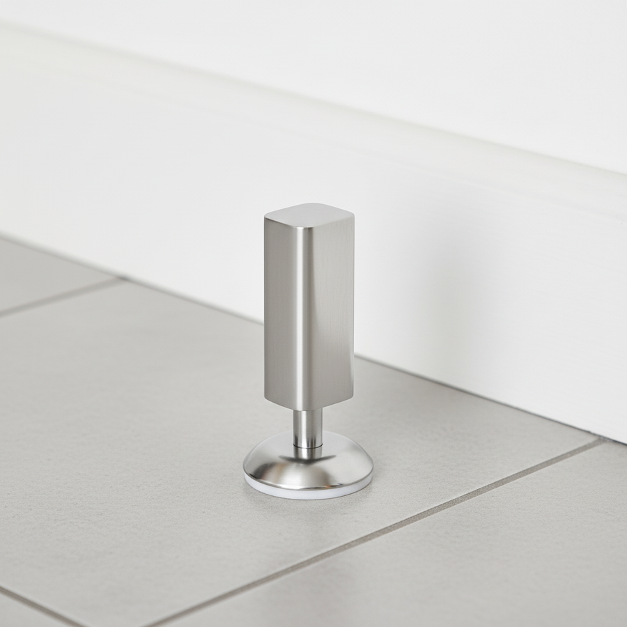 Silver magnetic floor door stop beside an open door