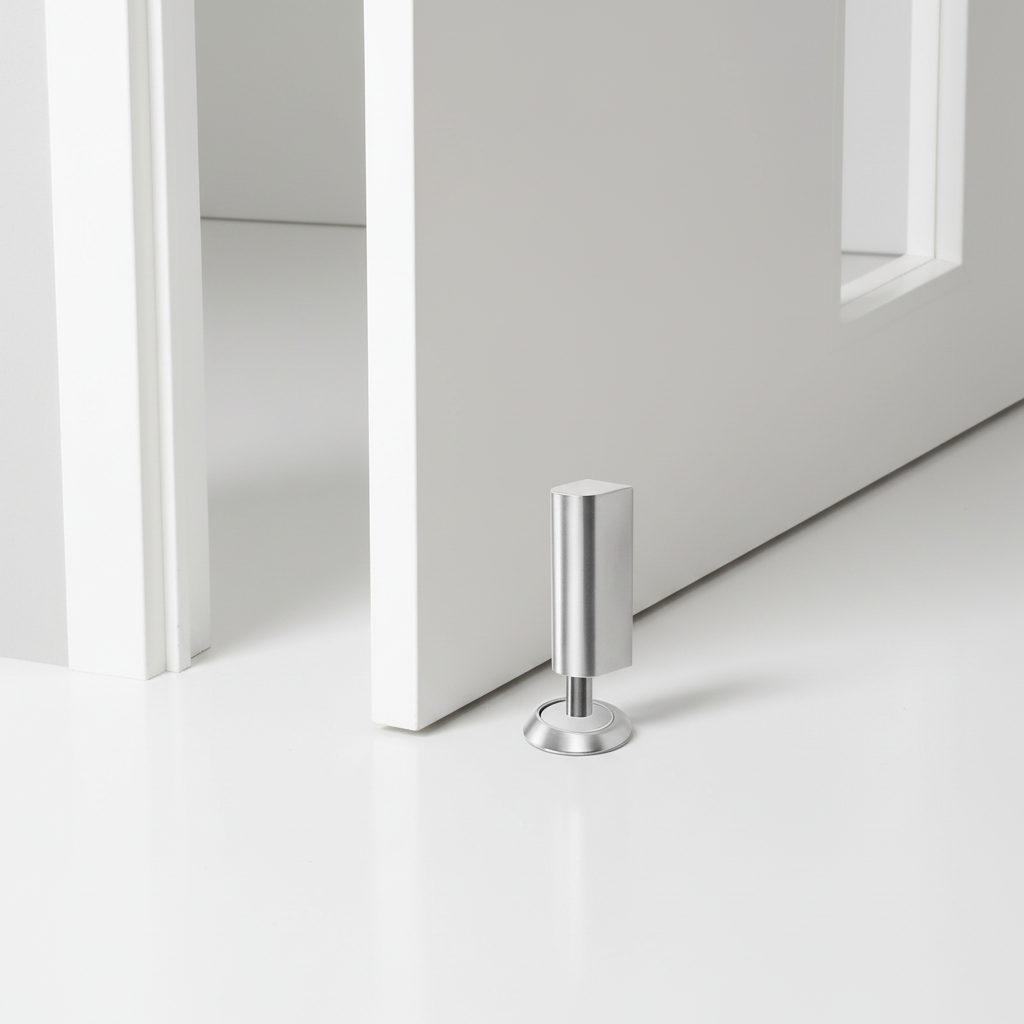 Silver magnetic door stop mounted on a light floor