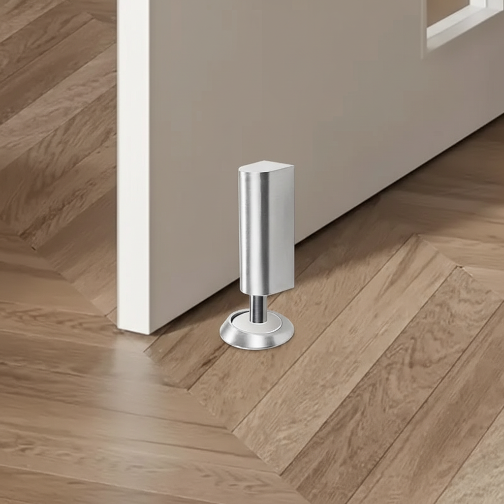 Silver magnetic floor door stop beside a door on wood flooring