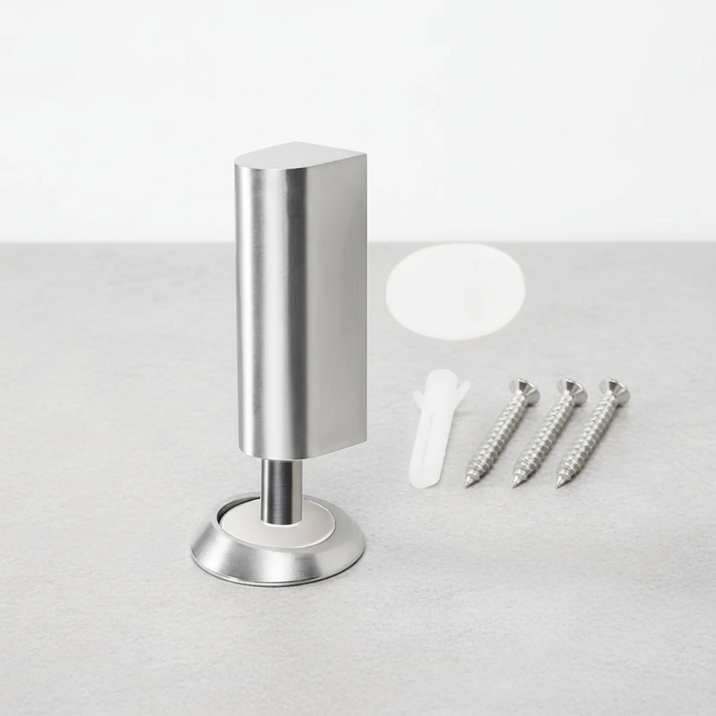 Silver magnetic door stop with source-shown mounting pieces