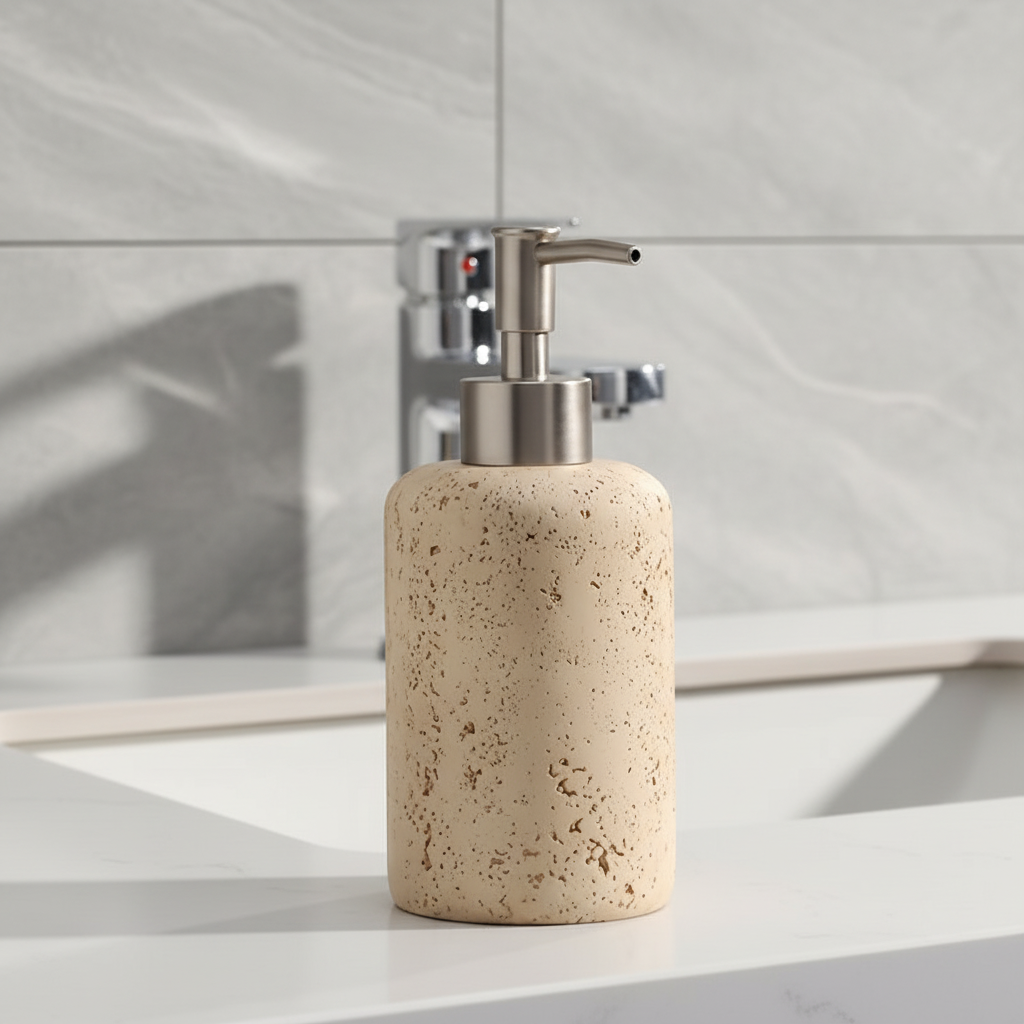 Speckled resin soap dispenser beside a bathroom sink