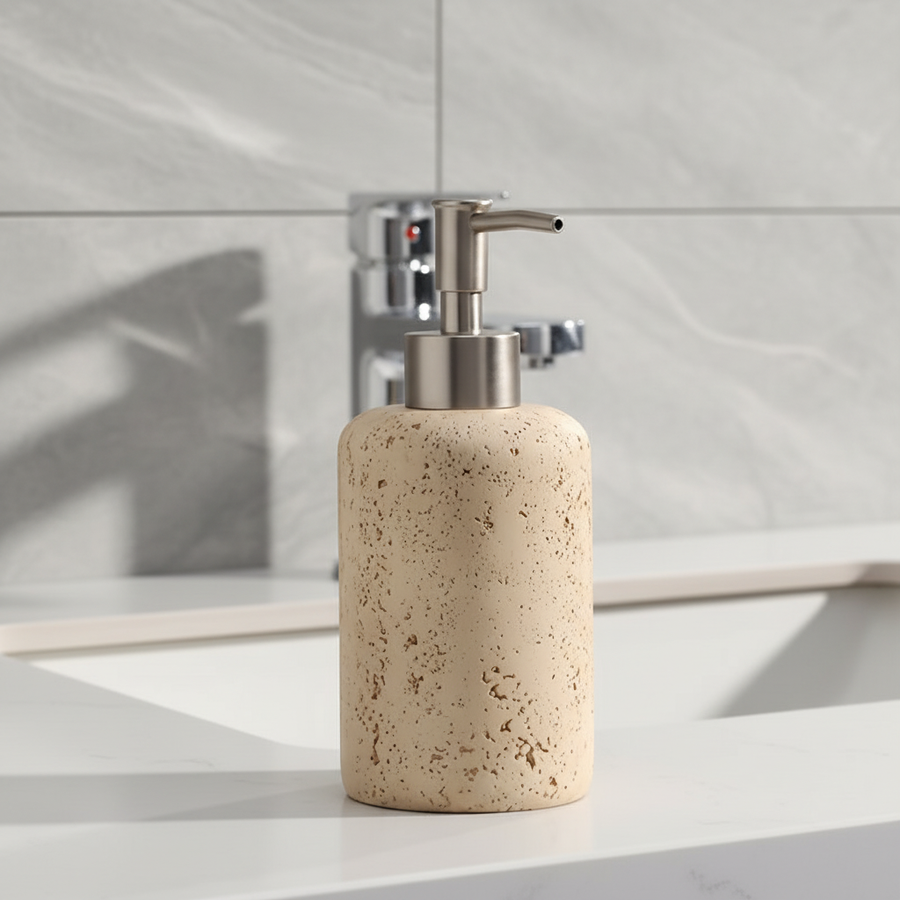 Speckled resin soap dispenser beside a bathroom sink