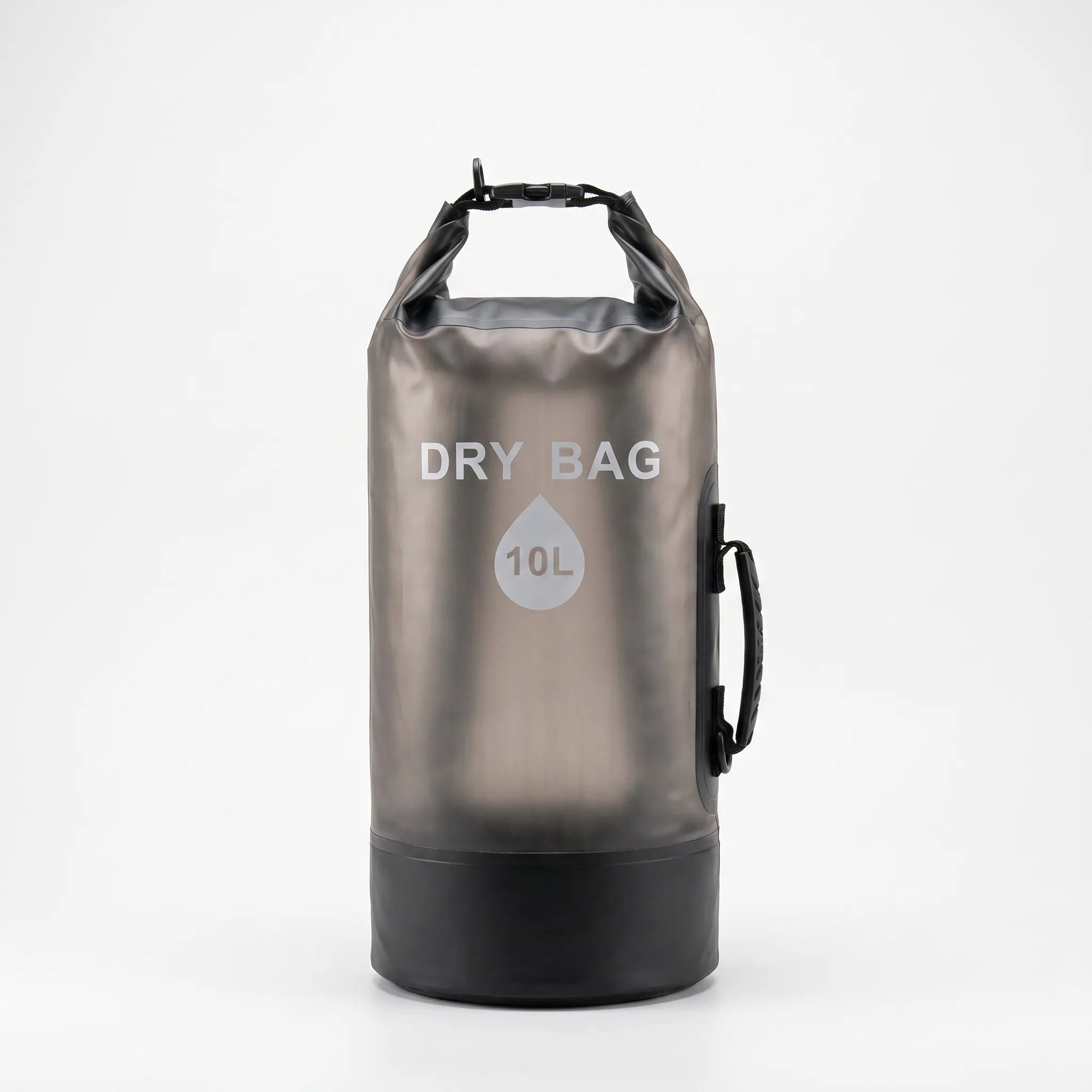 Black 10-liter roll-top dry bag with clear front window