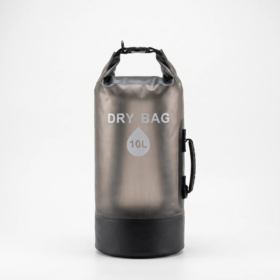 Black 10-liter roll-top dry bag with clear front window