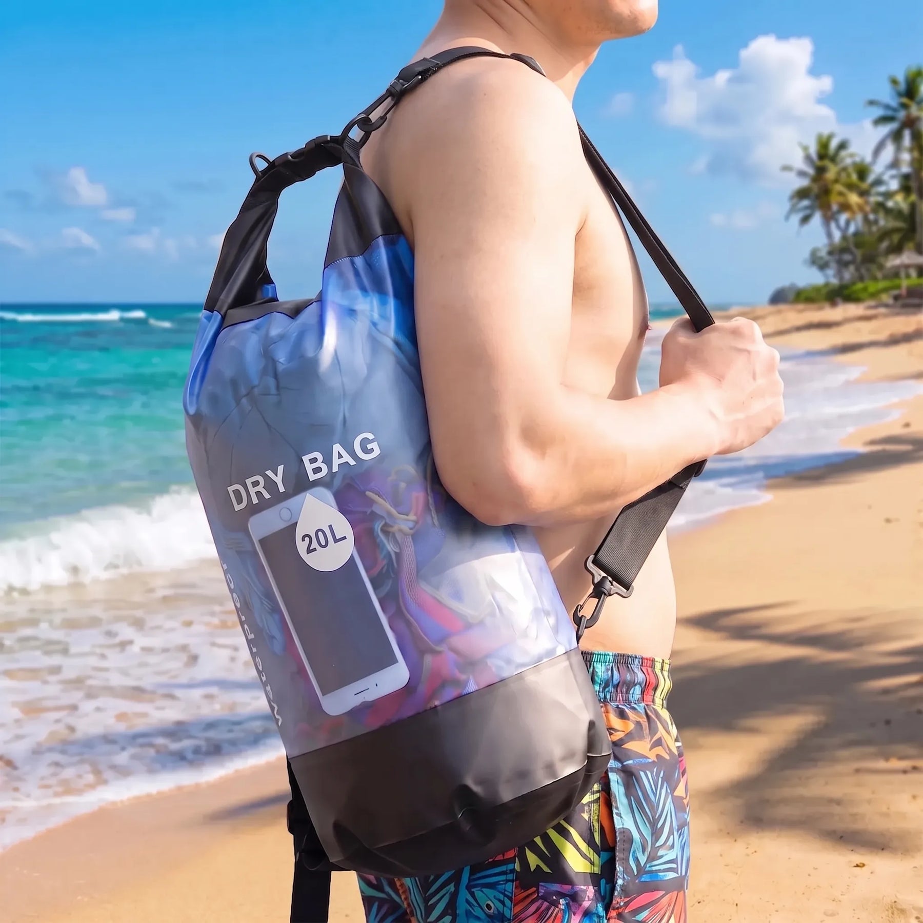 Black 20-liter roll-top dry bag carried by the water