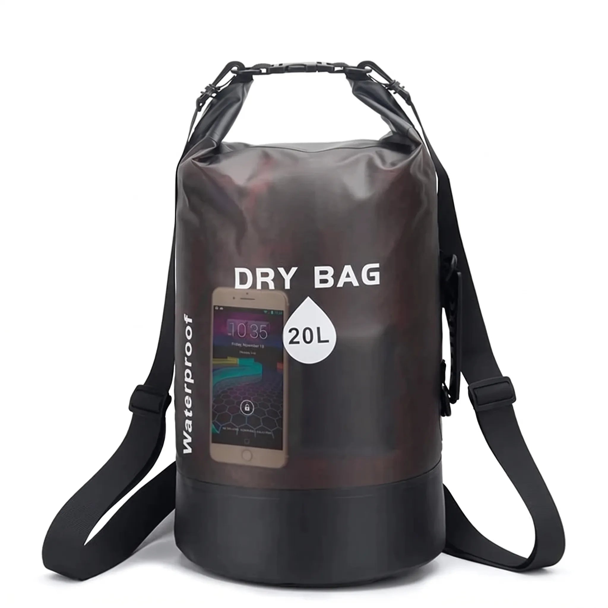 Black 20-liter roll-top dry bag with shoulder straps