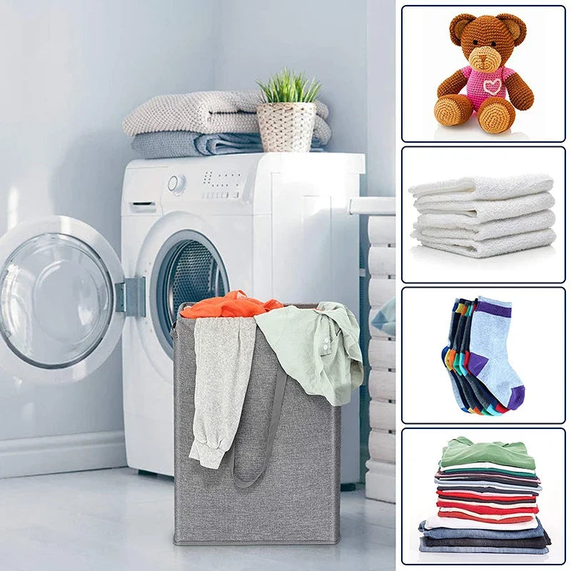 Gray slim laundry hamper beside a washing machine